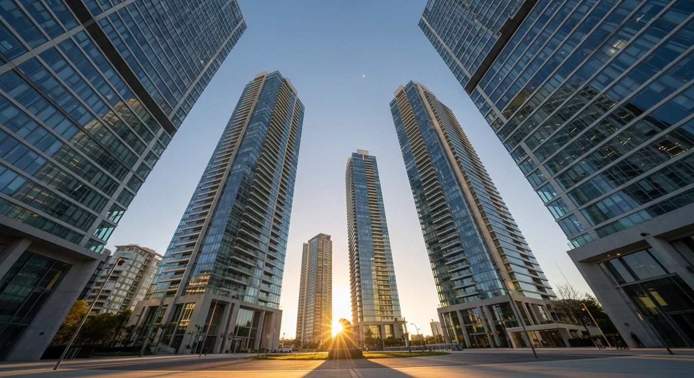 A wide, low-angle shot of a modern, gleaming cityscape at dawn, bathed in golden light, symbolizing Argentina's robust economic performance and improved market sentiment, following stabilization measures and achievements in fiscal discipline, reserve rebuilding, and declining inflation, as noted by the IMF.