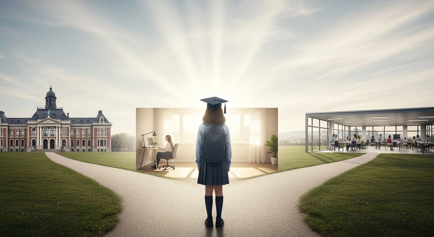 A young student stands at a symbolic crossroads, looking towards three distinct educational paths representing Argentina's proposed education reform, including homeschooling and school choice, under President Javier Milei's initiatives.