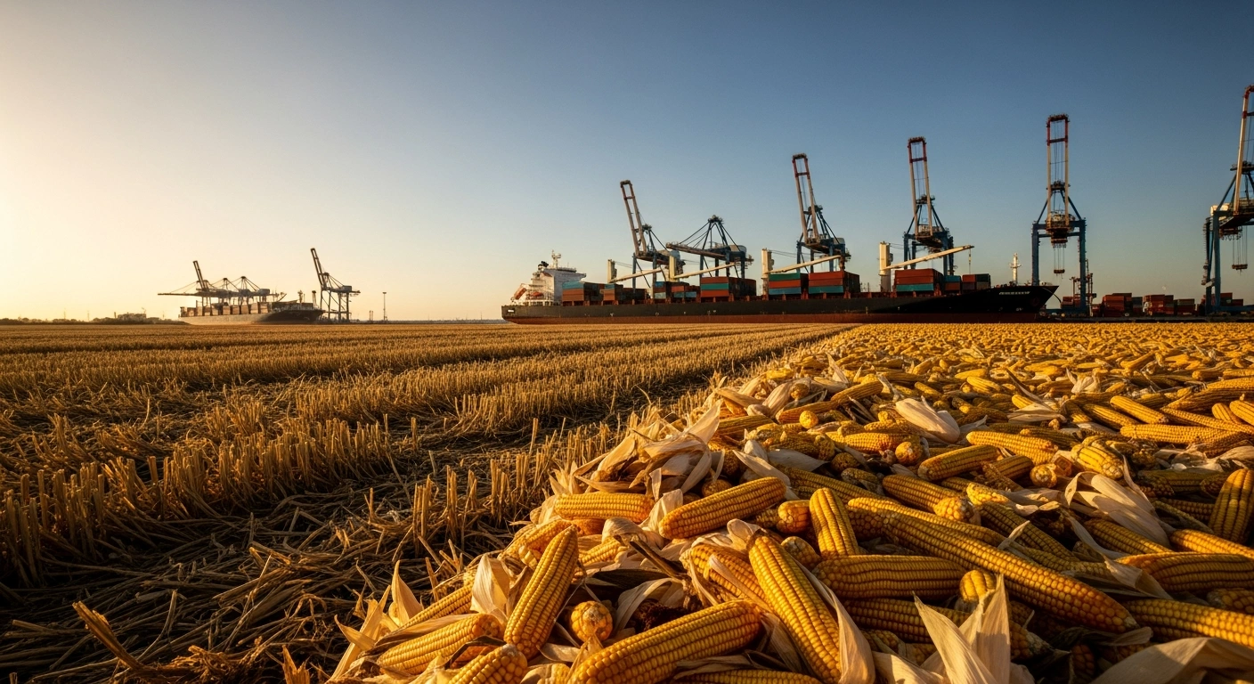 A vast golden cornfield in Argentina sits near a busy port where cargo ships are loaded with agricultural commodities for export to Egypt.