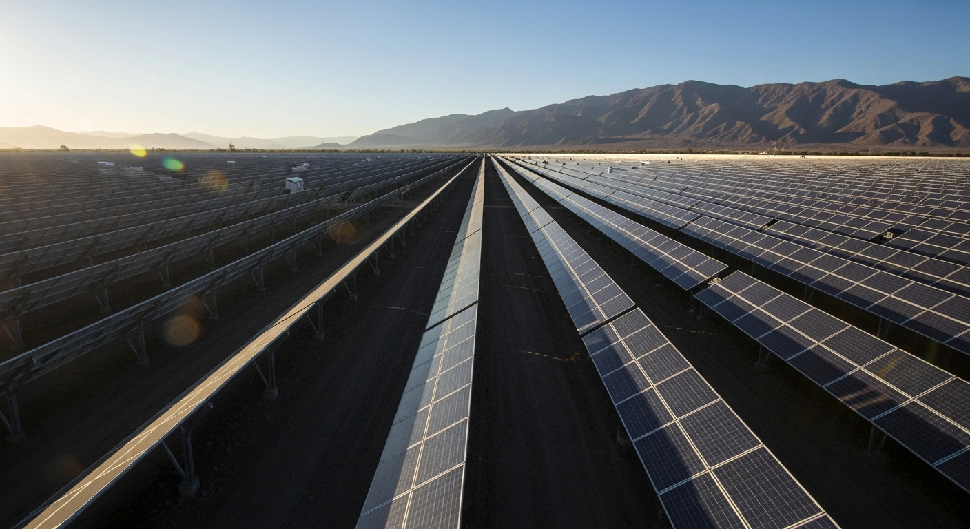 YPF Luz's El Quemado solar farm in Mendoza, Argentina, with thousands of photovoltaic panels stretching towards distant mountains under a clear sky, representing the 100-MW initial phase now in commercial operation and its significance for renewable energy.