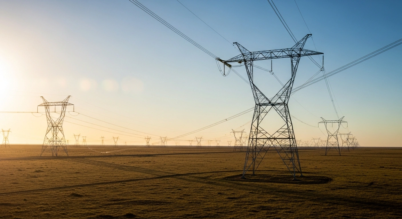Modern high-voltage electricity transmission towers stand in the Argentine countryside as part of the government's new infrastructure and energy grid modernization project.