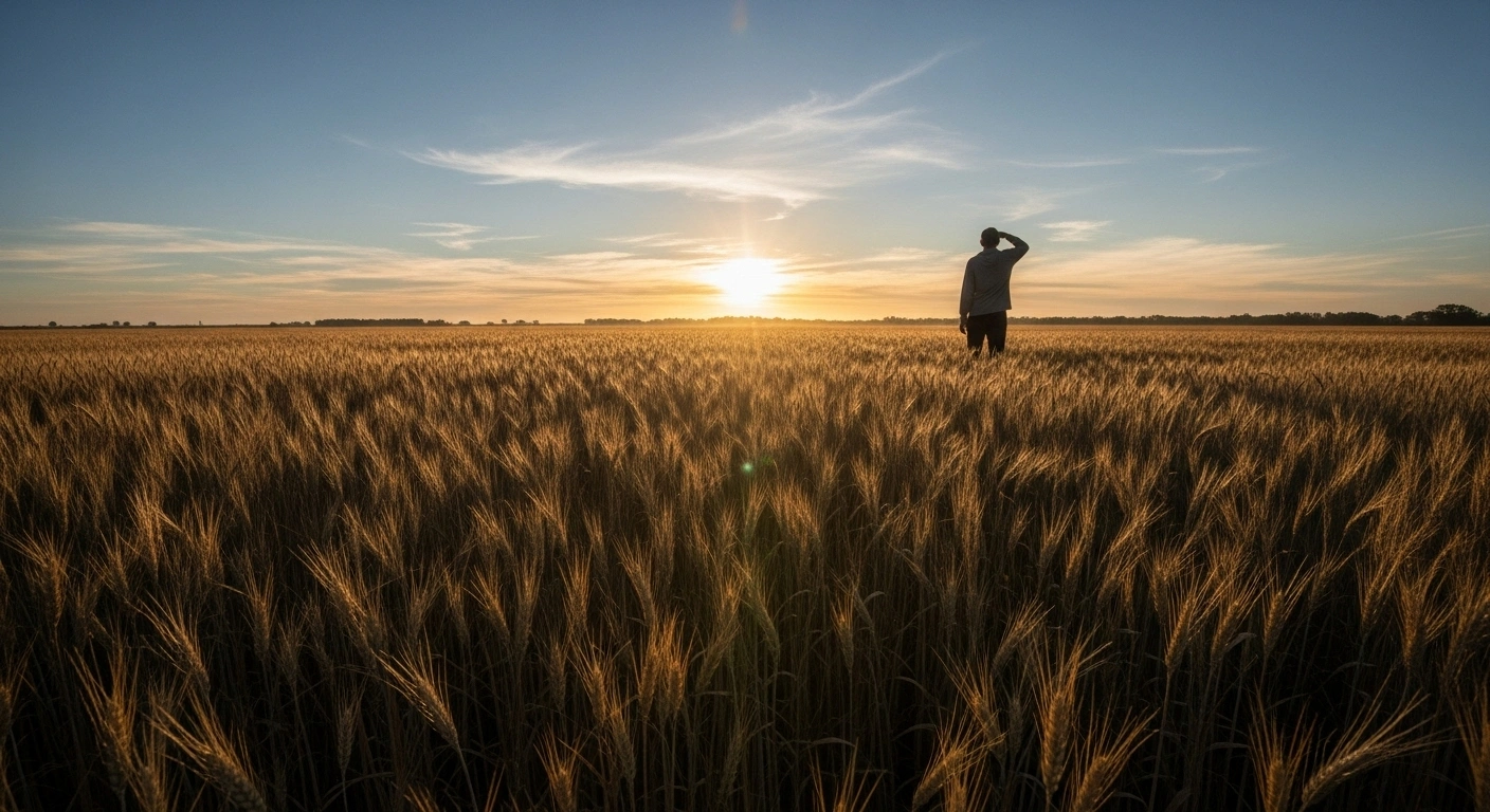 A wide, cinematic shot of a vast Argentine pampas field at sunrise, with a lone farmer silhouetted against the golden light, symbolizing Argentina's agricultural and livestock exports and the government's measure to eliminate export duties to increase U.S. dollars and stabilize the peso amidst economic challenges.