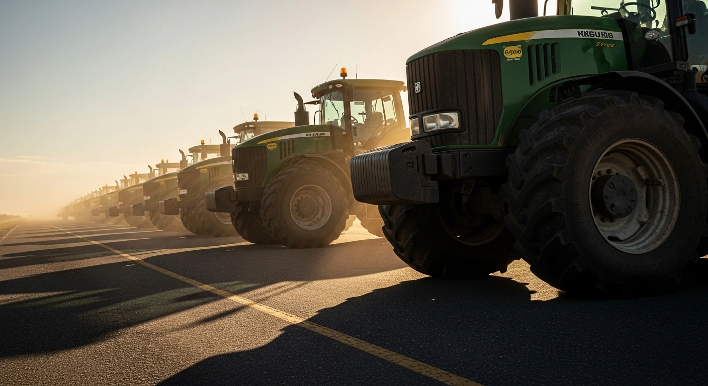 A wide, low-angle shot at golden hour shows a line of colossal, dust-caked farm tractors forming an impenetrable blockade across a rural Argentine highway, symbolizing the 'tractorazos' protests by farmers against President Javier Milei's economic policies.