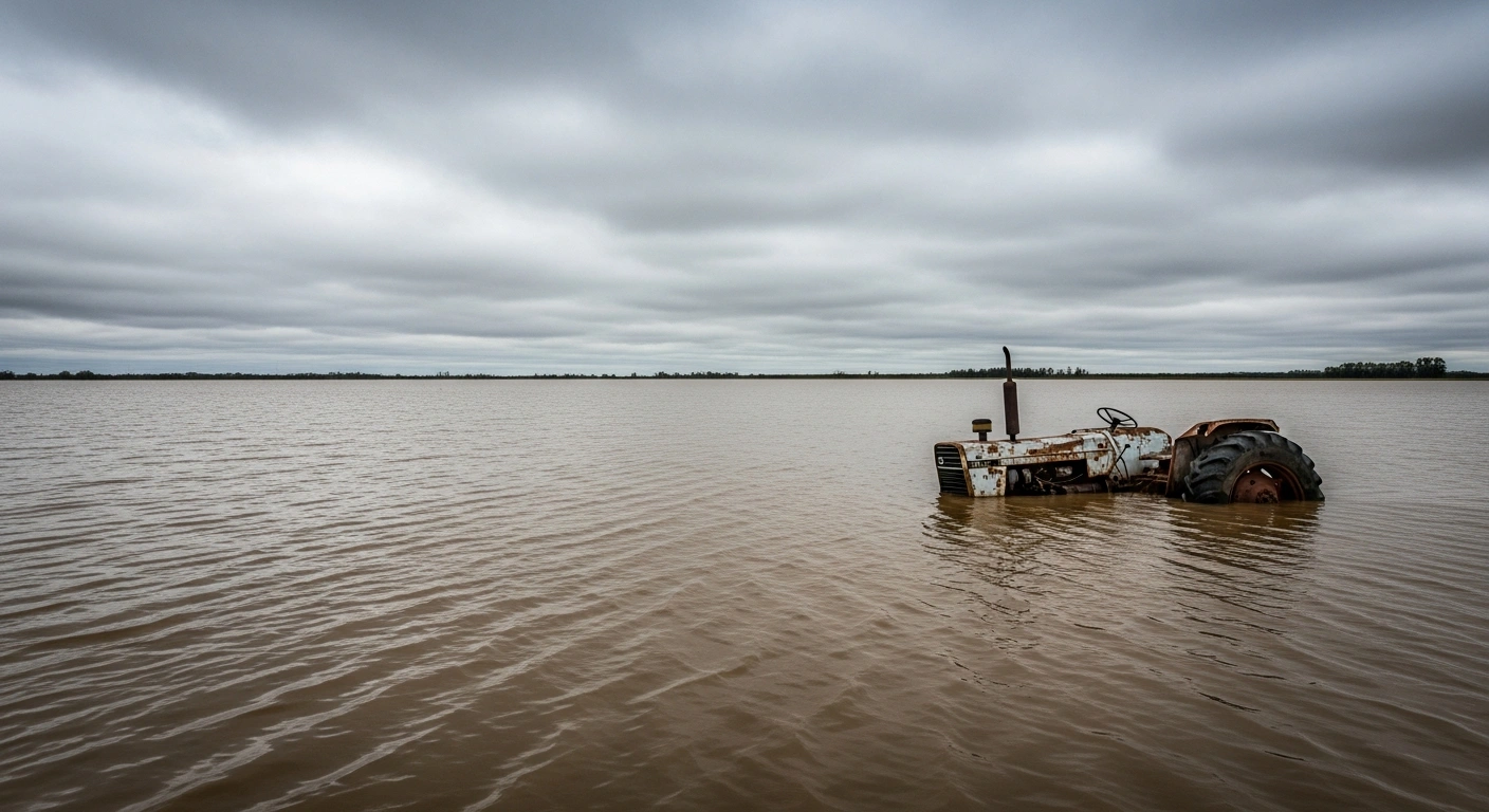 A wide shot of extensive flooded agricultural fields in Argentina, featuring a partially submerged tractor under an overcast sky, symbolizing the severe delay in soybean planting.