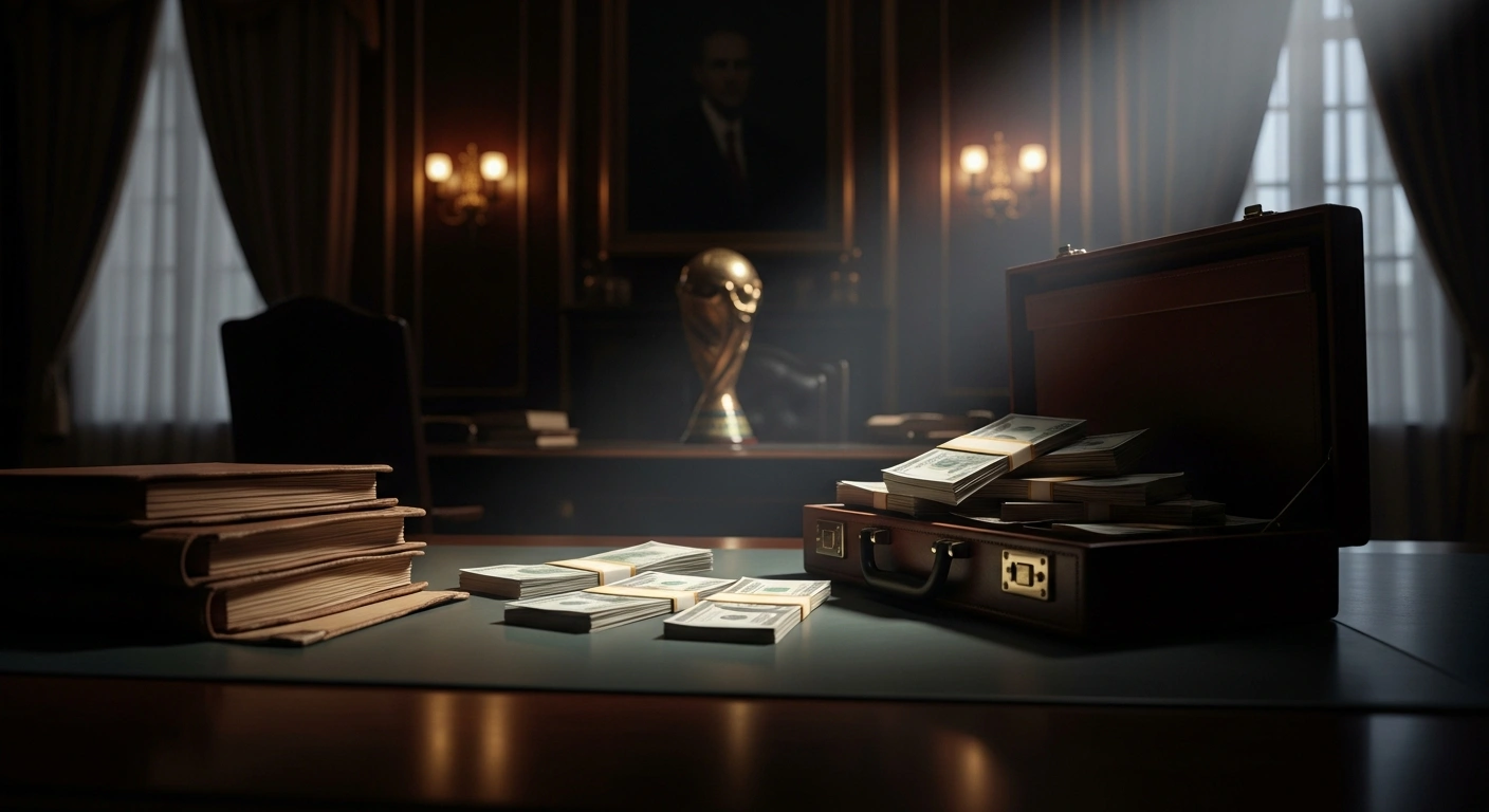 A dimly lit, opulent office interior with a harsh spotlight illuminating stacks of cash in an open briefcase and old ledgers, symbolizing the ongoing investigation into alleged money laundering and tax evasion involving the Argentine Football Association (AFA) and various clubs.