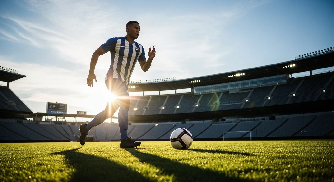 An Argentine national football player runs across a stadium field during a training session in the United States to prepare for the FIFA World Cup.