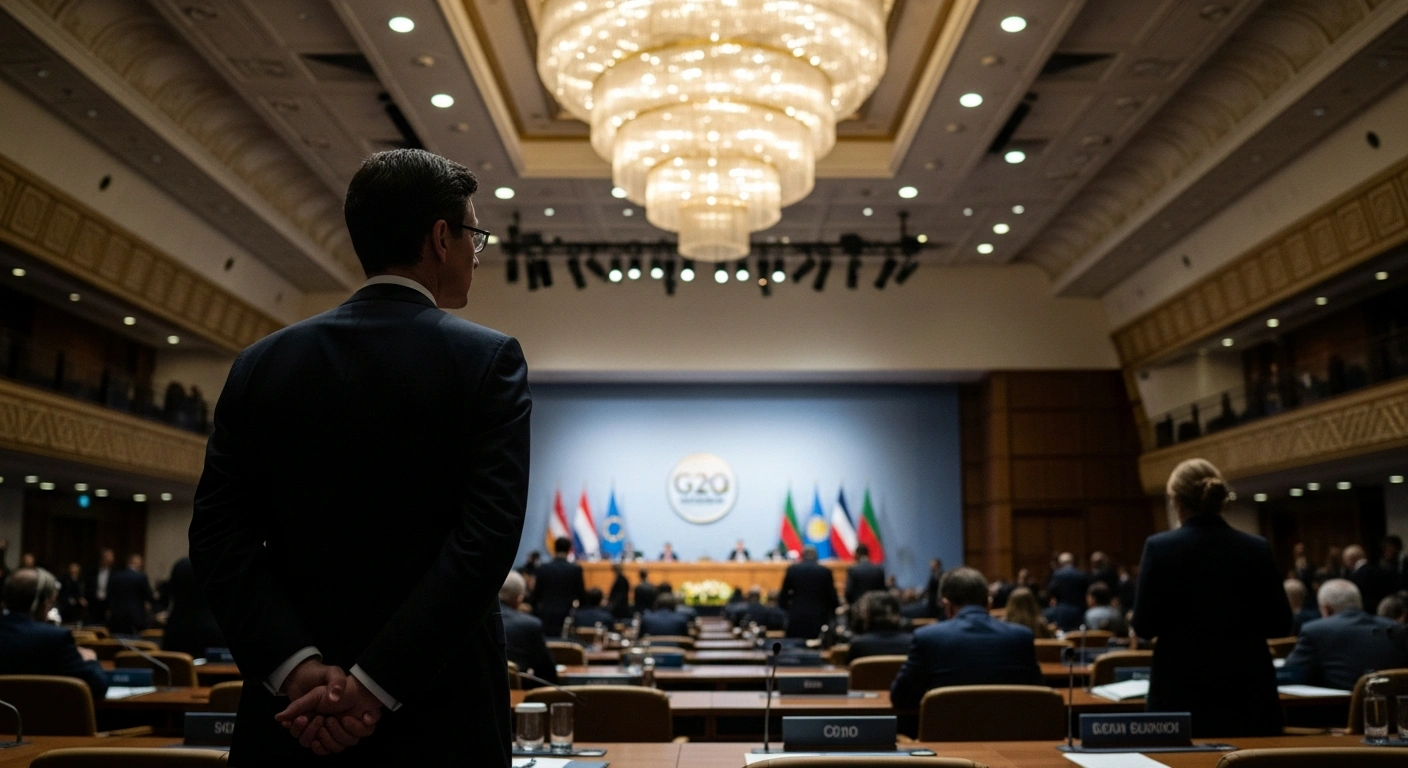 A lone foreign minister, representing Argentina, stands resolutely apart in a grand G20 summit hall in Johannesburg, South Africa, symbolizing the nation's rejection of the joint declaration over disagreements regarding the Palestine conflict under President Javier Milei's administration.