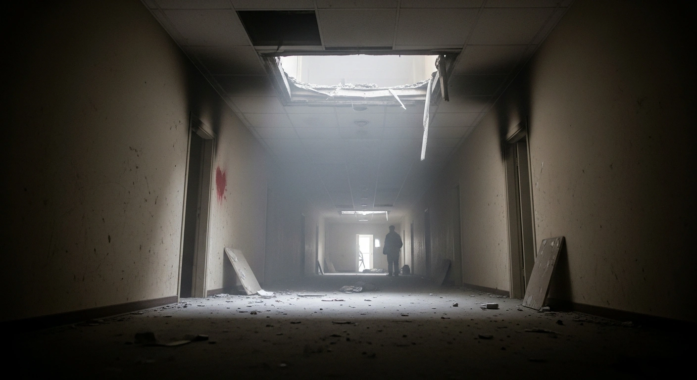 A smoke-filled corridor at Argentina's National Gendarmerie Superior School in central Buenos Aires shows the aftermath of an explosive device detonation, with debris scattered and a uniformed figure surveying the scene, indicating the federal investigation into the incident that injured four personnel.