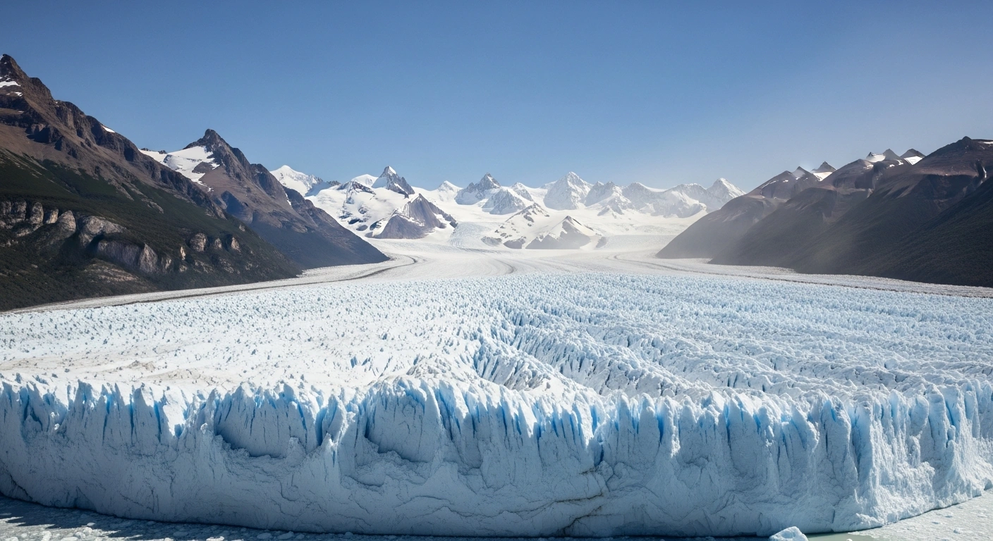 A wide shot captures the majestic Patagonian Andes, showcasing gleaming glaciers under a harsh sun, with a distant haze suggesting industrial activity encroaching upon the pristine wilderness, symbolizing the potential environmental impact of mining investments on Argentina's freshwater reserves.
