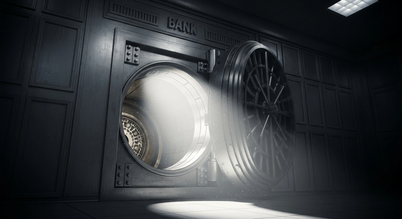 A massive, dimly lit bank vault door is slightly ajar, with a bright beam of light illuminating dust particles as it spills from the interior, symbolizing the mandated release of information on Argentina's national gold reserve shipments.