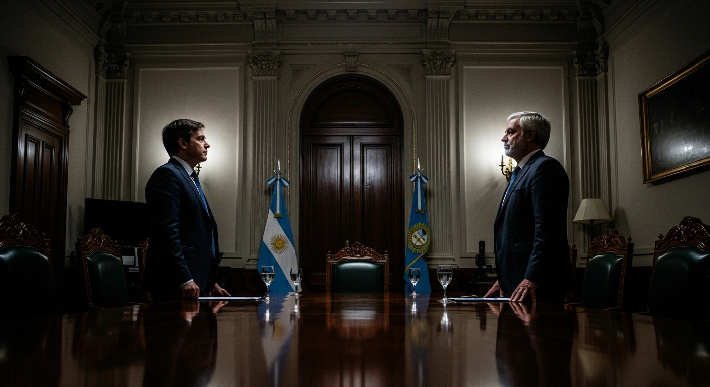 Karina Milei and Manuel Adorni stand in a dimly lit office, representing the internal power dynamics within the Argentine government under President Javier Milei.