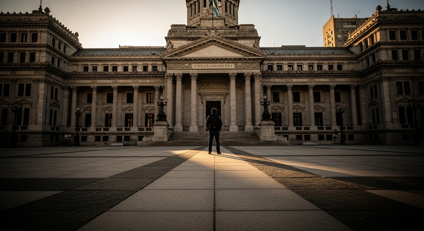 A solitary person stands in front of a government building in Argentina after receiving political asylum related to the January 8 riots in Brazil.