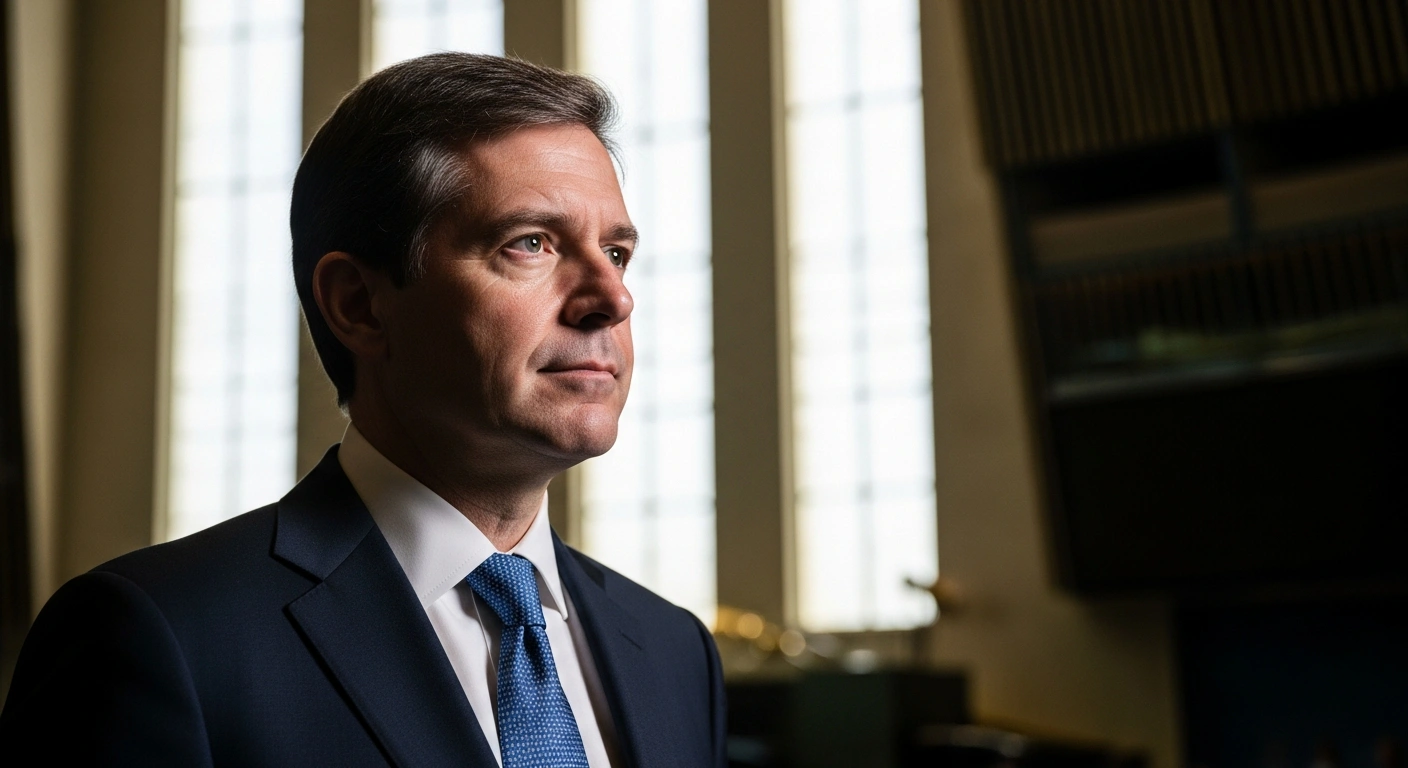 A thoughtful Rafael Grossi, Director General of the International Atomic Energy Agency, is depicted in a medium-low angle shot against a softly blurred, monumental backdrop, symbolizing his nomination by Argentina as a candidate for the next United Nations Secretary-General.