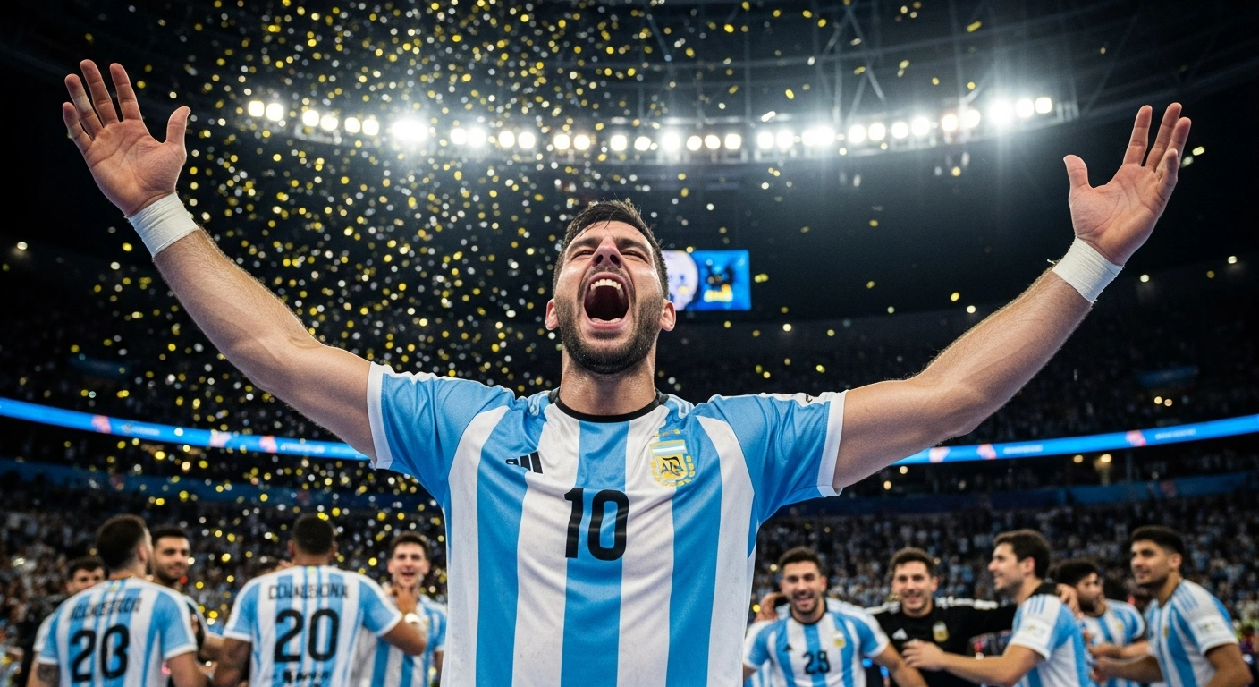 An Argentine men's handball player, wearing a blue and white jersey, celebrates intensely on court under bright stadium lights, symbolizing Argentina's 26:25 victory over Brazil in the 2026 South and Central America Men's Handball Championship in Asunción, Paraguay, securing their spot in the 2027 World Championship.