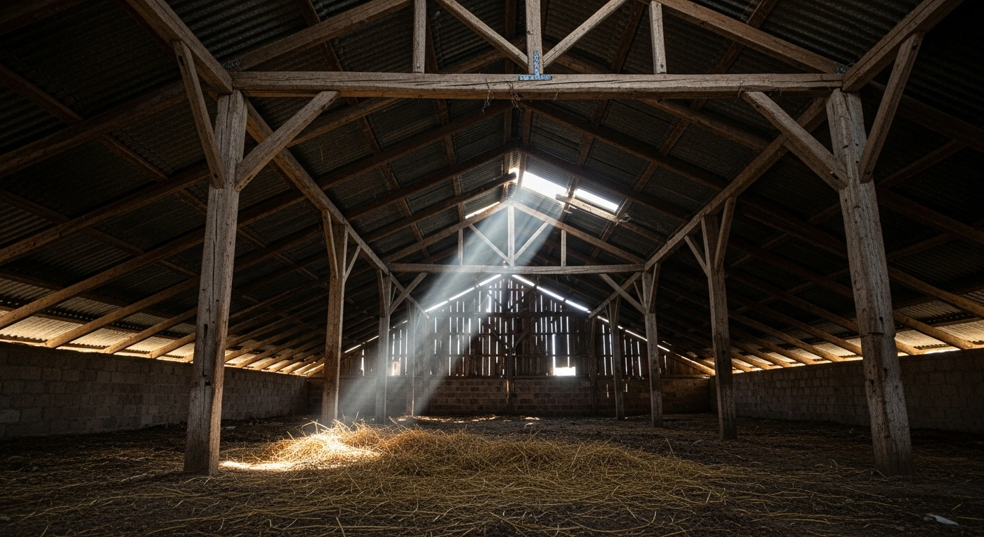 A low-angle photograph capturing the decaying wooden interior of an abandoned rural barn in Argentina, symbolizing the concerning surge in hantavirus infections reported by health authorities, with 79 cases since July 2025 and a high 34% fatality rate, particularly affecting the Central and Southern regions.