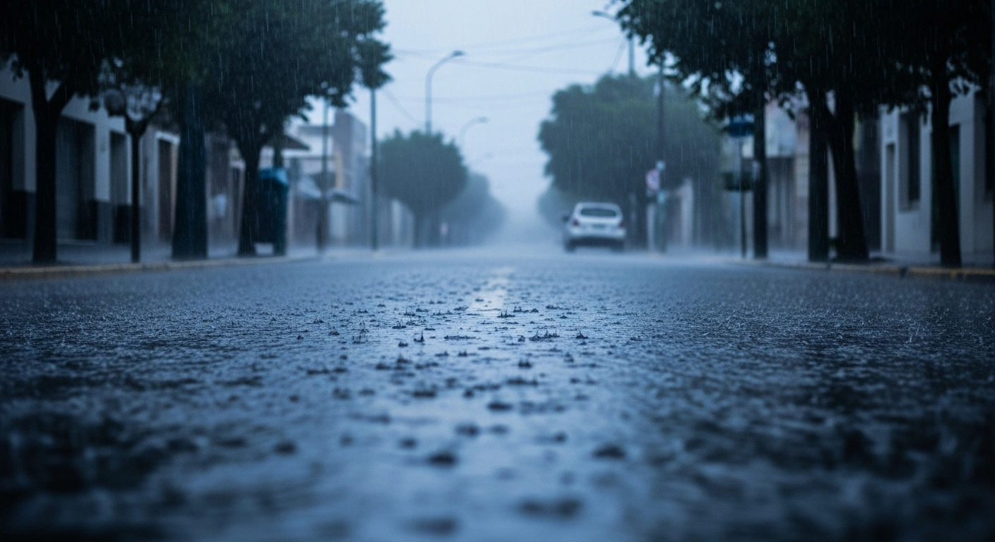 Heavy rain falls on a flooded street in Argentina during a yellow weather alert issued by the National Meteorological Service.