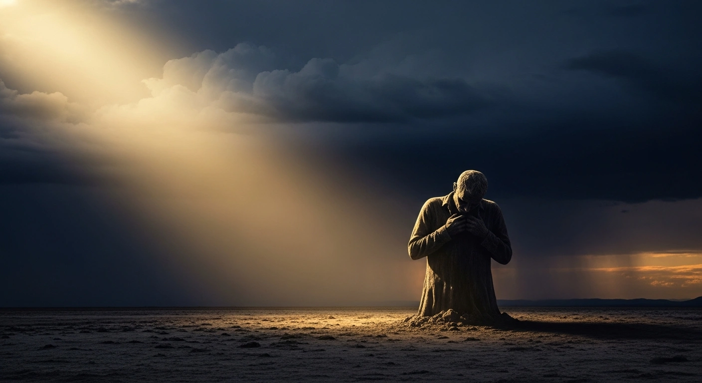 A wide shot at dusk shows a lone, weathered figure representing Argentina standing in a desolate landscape, illuminated by a powerful golden beam of light from above, symbolizing the financial support received from the IMF and US to stabilize its economy.