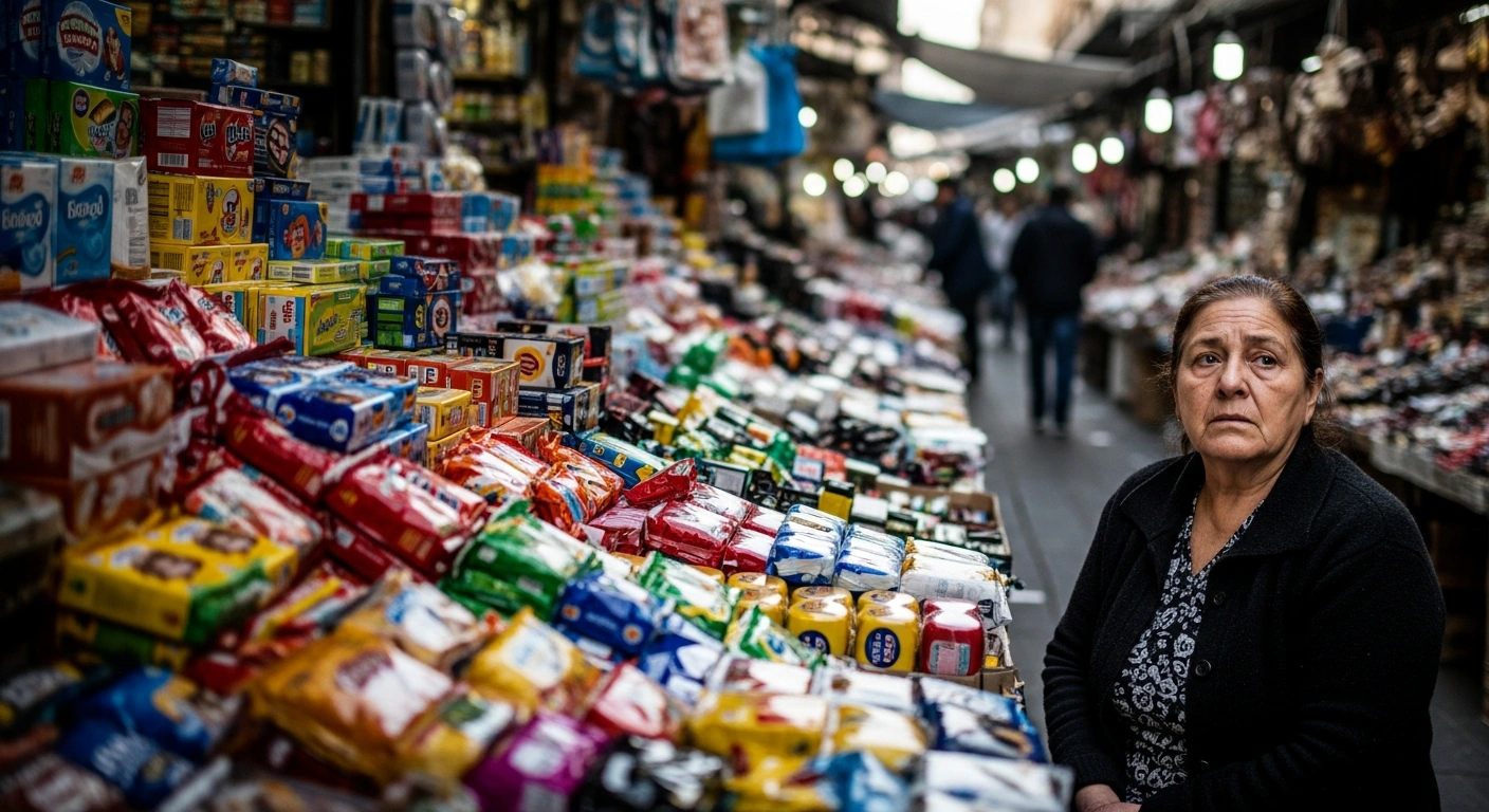 An Argentinian woman looks concerned amidst overflowing market stalls filled with brightly packaged imported consumer goods, symbolizing the surge in imports, declining household purchasing power, and concerns among local manufacturers in Argentina.