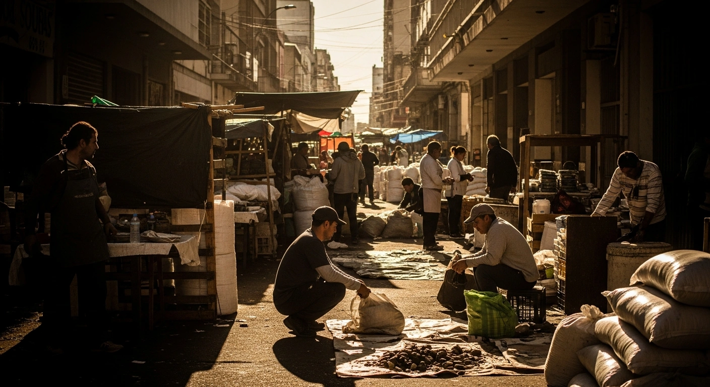 An Argentine street vendor works at a makeshift stall in a crowded market, representing the millions of workers currently employed in the informal sector.