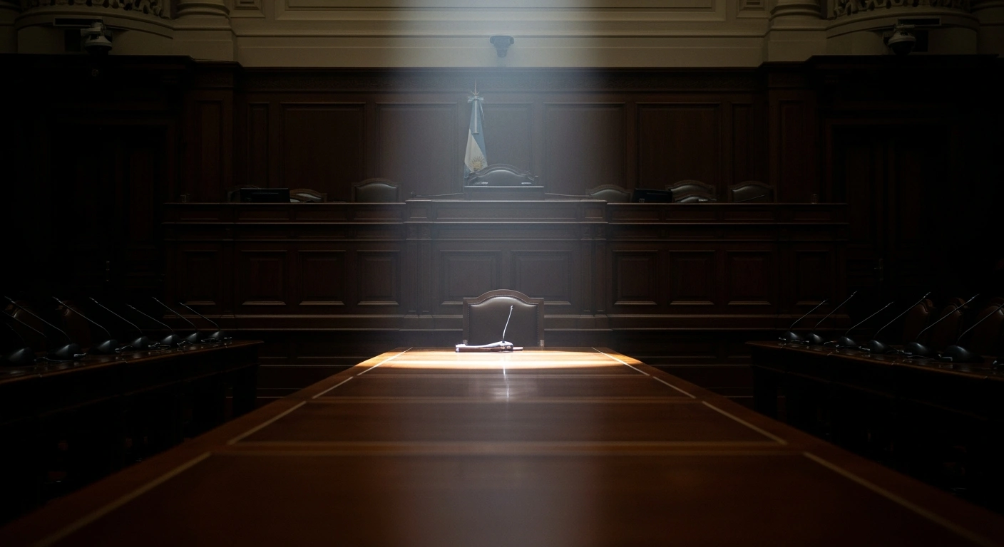 A dimly lit legislative chamber in Argentina where the head of the State Intelligence Secretariat is summoned to testify before the Bicameral Commission.