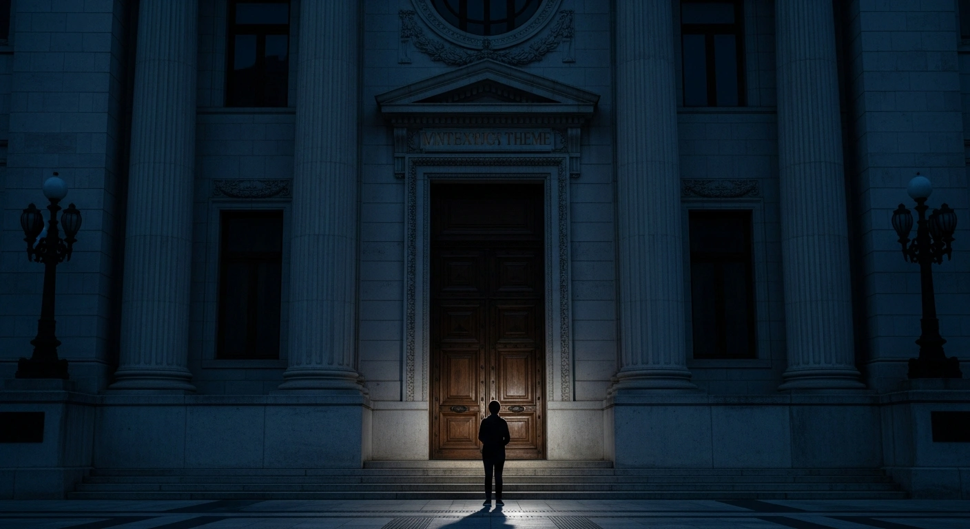 A silhouetted young figure stands before the grand, ornate doors of a courthouse at dawn, symbolizing the Argentine government's debate to lower the age of criminal responsibility from 16 to 14 years old.