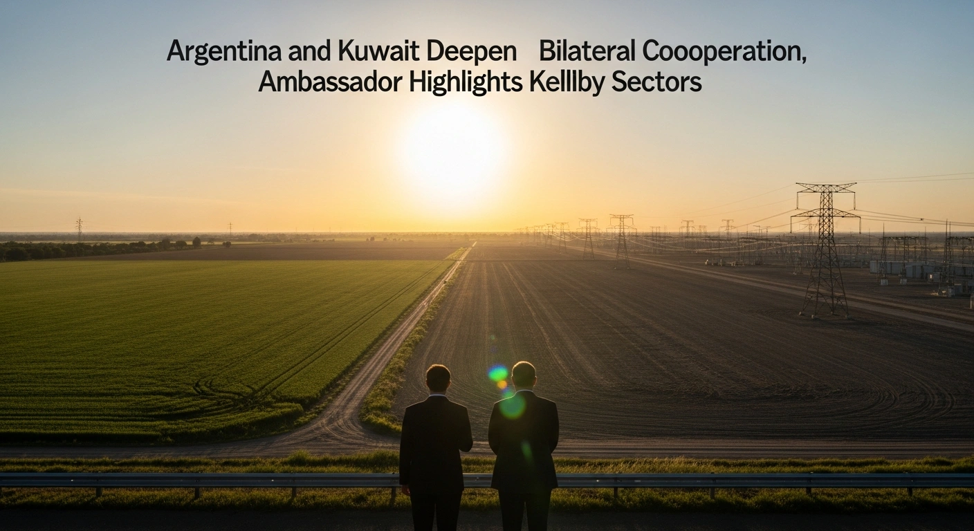 A wide, cinematic shot at golden hour shows two silhouetted figures, representing Argentina and Kuwait, standing side-by-side, overlooking a landscape that blends lush agricultural fields and modern energy infrastructure, symbolizing bilateral engagement in food, energy, and humanitarian assistance through mutual support.