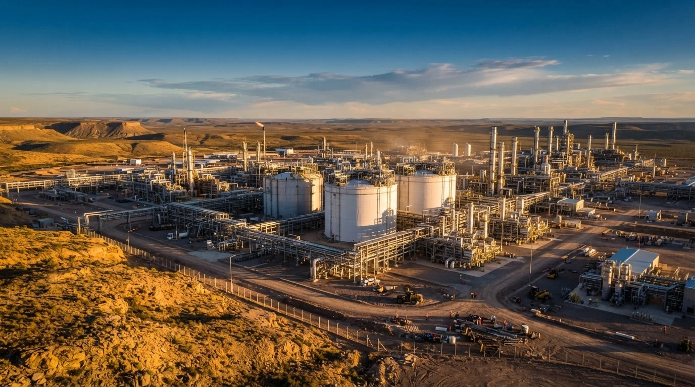 A large liquefied natural gas infrastructure facility stands in the Vaca Muerta shale formation as part of a U.S. and Argentina energy export project.