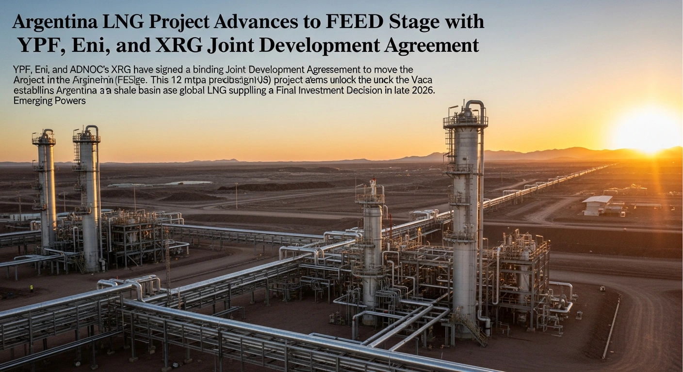 A wide, cinematic shot at magic hour shows massive, gleaming liquefied natural gas (LNG) processing towers and pipelines stretching towards the distant, rugged Vaca Muerta terrain, symbolizing the Argentina LNG project's development by YPF, Eni, and ADNOC to establish Argentina as a global LNG supplier.