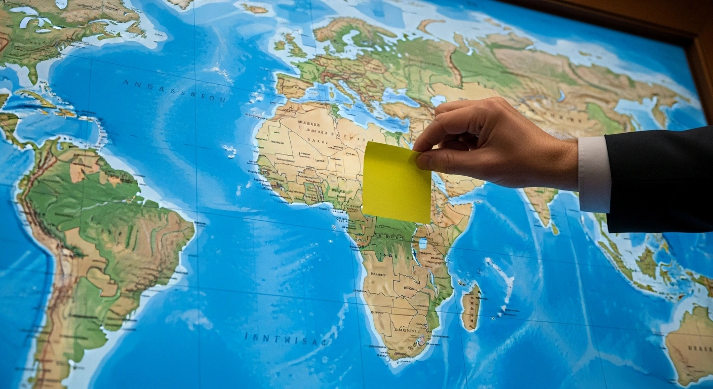 A close-up shot reveals a hand placing a yellow sticky note over the Malvinas (Falkland) Islands on a large, illuminated world map during a diplomatic protest at a French National Assembly hearing.