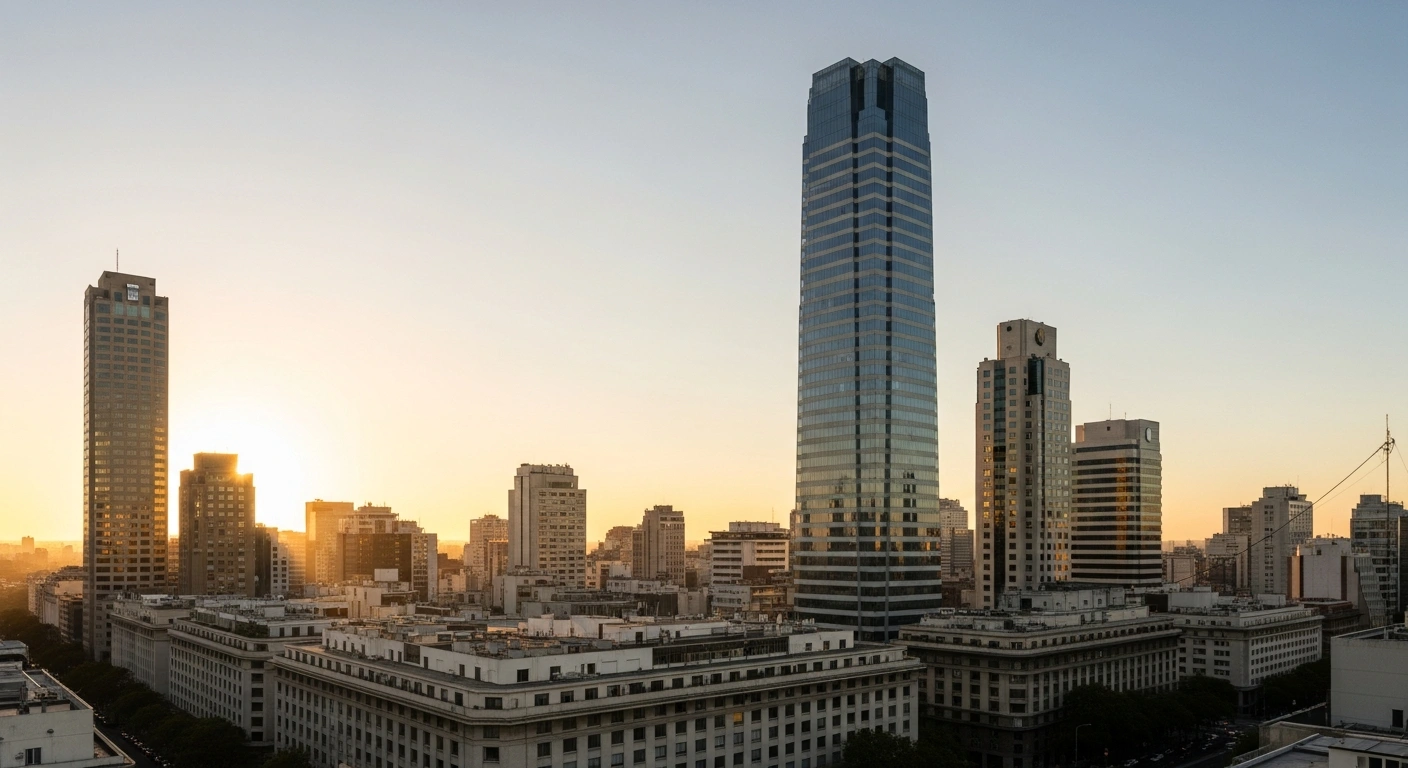 A wide, cinematic shot of Buenos Aires' financial district at golden hour, featuring sleek skyscrapers reflecting a serene sky, symbolizing Argentina's financial market stability and investor confidence in economic reforms under President Javier Milei, leading to near record highs.