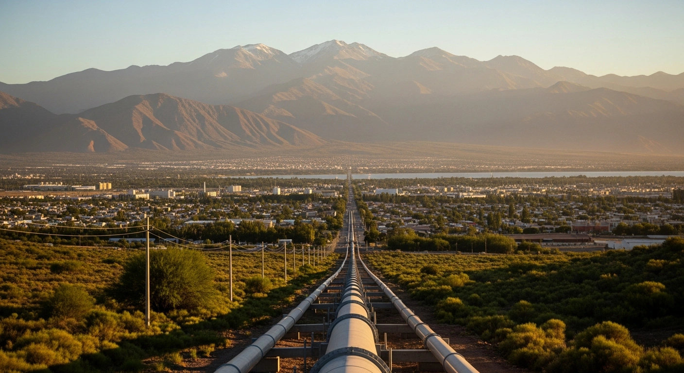 A wide, golden hour shot captures a newly installed, gleaming water pipeline traversing a verdant landscape towards a bustling community in Mendoza, Argentina, with the majestic Andes mountains in the background, symbolizing the expansion of drinking water services for over 980,000 people through a USD 75 million loan.