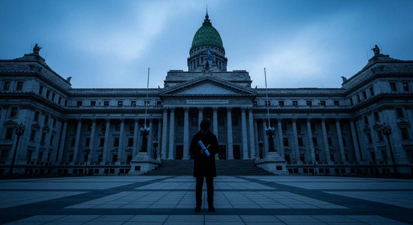 A lone silhouette stands in defiance before the imposing, brutalist facade of a government building in Buenos Aires, illuminated by cold, blue light, symbolizing opposition to President Milei's decree expanding state intelligence powers for detentions without judicial order in Argentina.