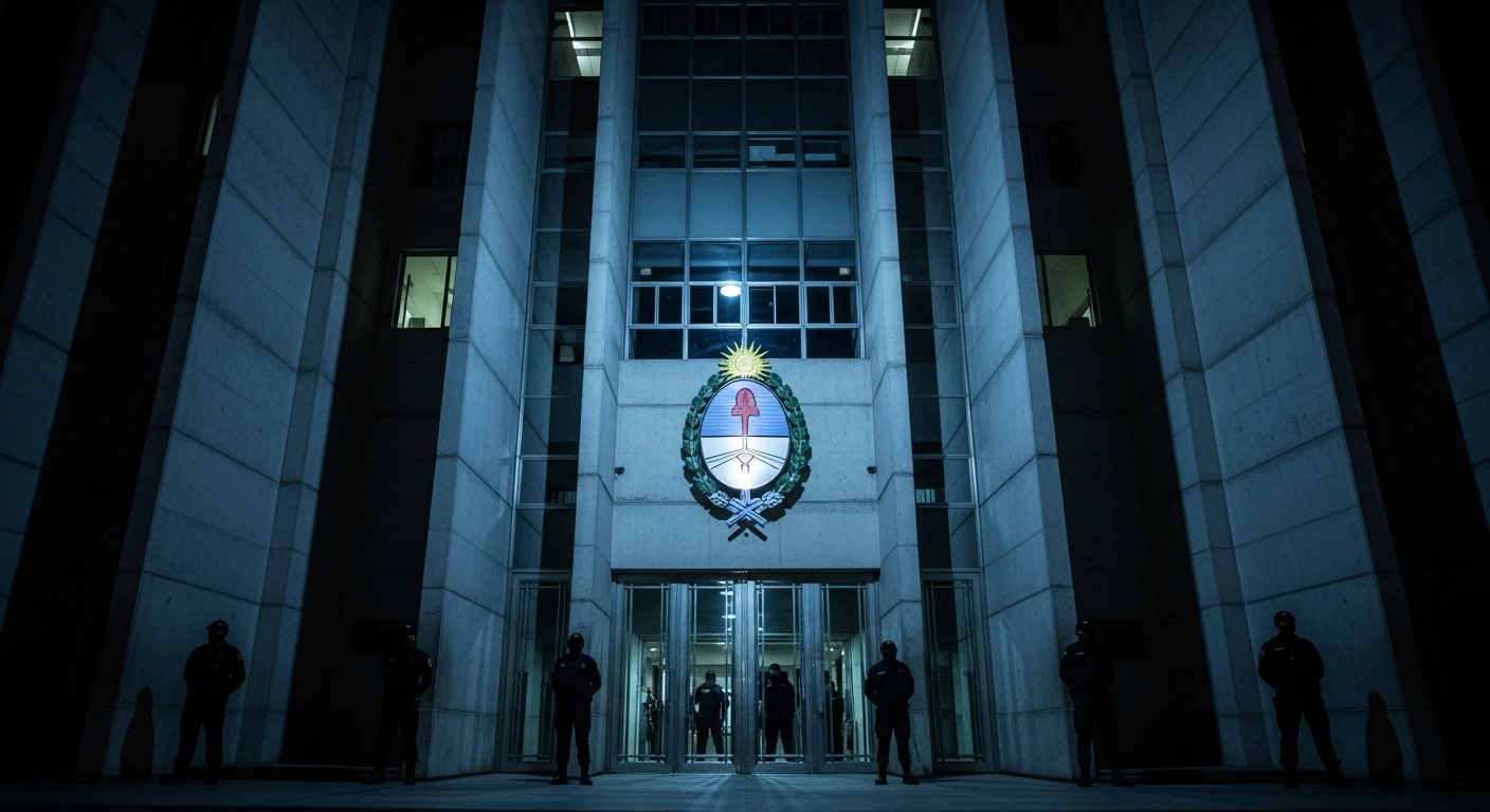An imposing government building, illuminated by cold light and featuring a new metallic emblem, stands guarded by uniformed figures, representing Argentina's Milei government establishing a National Migration Agency under the Ministry of Security to enhance border control and enforce stricter immigration laws.