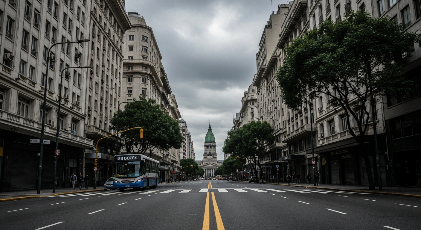 A wide, low-angle shot of a deserted major boulevard in Buenos Aires, Argentina, featuring an empty city bus and closed storefronts under an overcast sky, symbolizing the nationwide general strike launched by the CGT against President Javier Milei's labor reform bill.