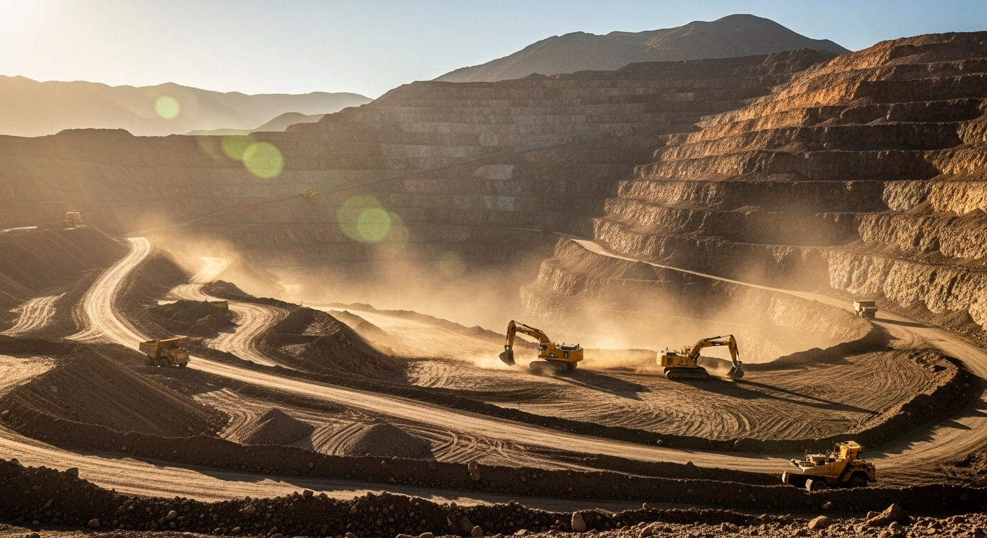 A panoramic view of a vast open-pit mine in the San Juan Province of Argentina, featuring heavy machinery extracting copper, gold, and silver, symbolizing the $800 million investment by Vicuña Corp., a joint venture of BHP and Lundin Mining, targeting production by 2030.