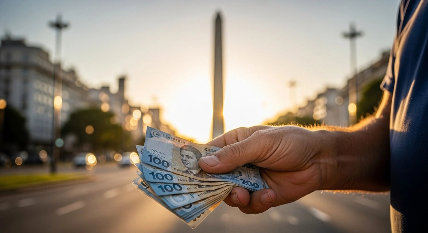 A close-up shot of an Argentine worker's hands holding new peso bills, illuminated by golden hour sunlight with the blurred Buenos Aires obelisk in the background, symbolizing the national minimum wage increase.