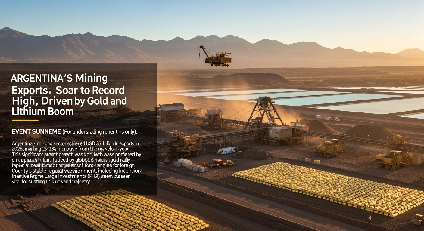 An aerial view of an expansive Argentine mining site at sunset, showcasing both glistening gold ingots and large turquoise lithium brine pools, with heavy machinery and the Andes mountains in the distance, representing Argentina's record mining exports in 2025, fueled by a global gold rally and lithium project expansion.