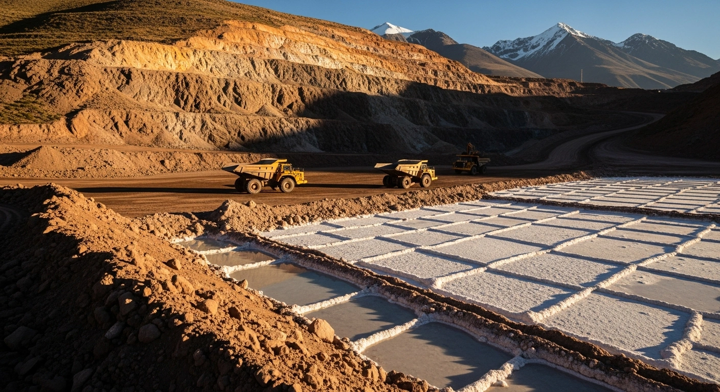 A wide-angle view of a large-scale copper mine in Mendoza and a lithium extraction site in Jujuy, representing new mining investments in Argentina.