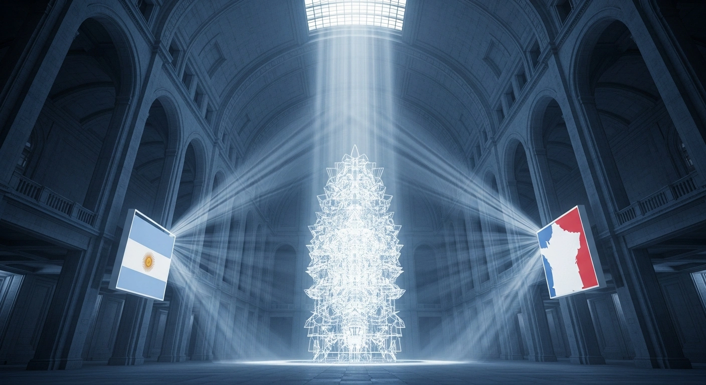 A grand, cavernous hall features a glowing crystalline structure at its center, symbolizing the complex international tax agreements between Argentina and France, including the 1979 Double Taxation Agreement and the Multilateral Convention (MLI) to prevent base erosion and profit shifting.