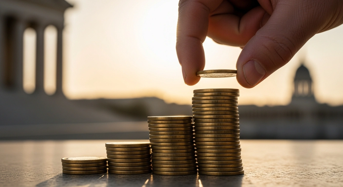 A steady hand carefully places a gleaming gold coin onto a stack, symbolizing Argentina's Central Bank's new reserve-buying program to stabilize the peso and rebuild foreign reserves as part of the 2026 monetary reset.