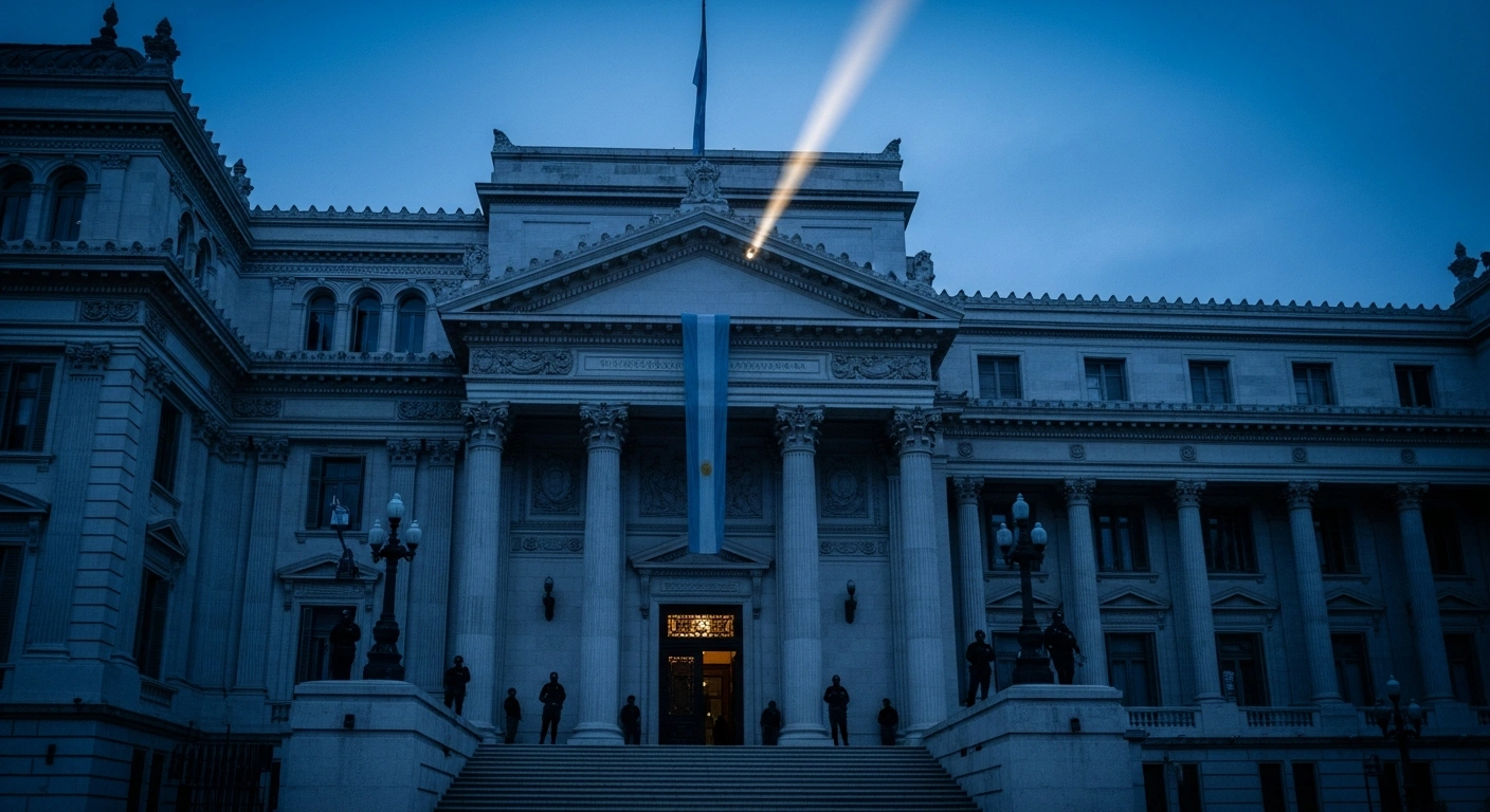 A prominent government building or Jewish community institution in Argentina stands under heightened security at pre-dawn, illuminated by a stark spotlight, symbolizing the nation's elevated national security alert in response to Middle East tensions and potential threats.
