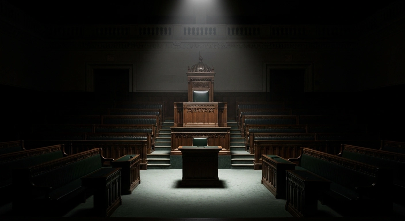 A grand, historic parliamentary chamber is dramatically lit, with a single spotlight illuminating an ornate, empty witness stand, symbolizing the upcoming interpellation of Argentine Secretary General Karina Milei and Minister of Health Mario Lugones by the Chamber of Deputies regarding alleged irregular payments and cryptocurrency fraud.