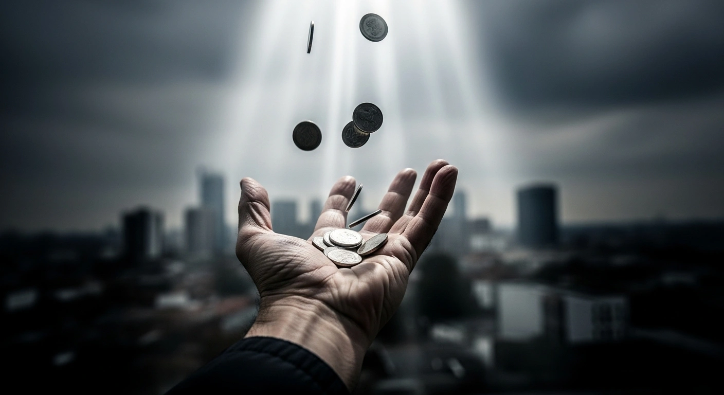 A weathered hand reaches to catch sparsely falling silver coins under a shaft of light, symbolizing Argentina's government and Central Bank interventions to stabilize the peso amidst depreciation and dwindling foreign exchange reserves.