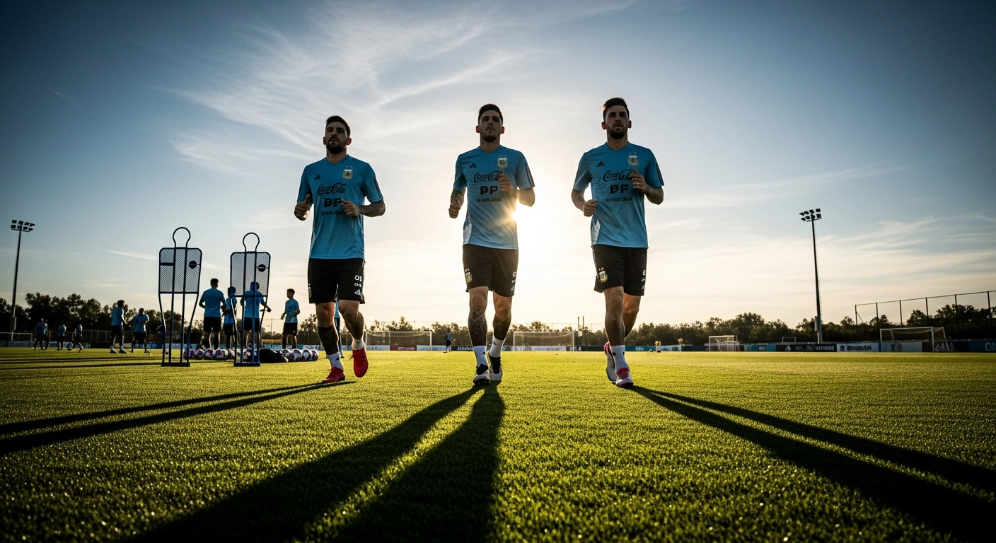 Nicolás Paz, Gonzalo Montiel, and Nahuel Molina participate in a full training session with the Argentina national football team.