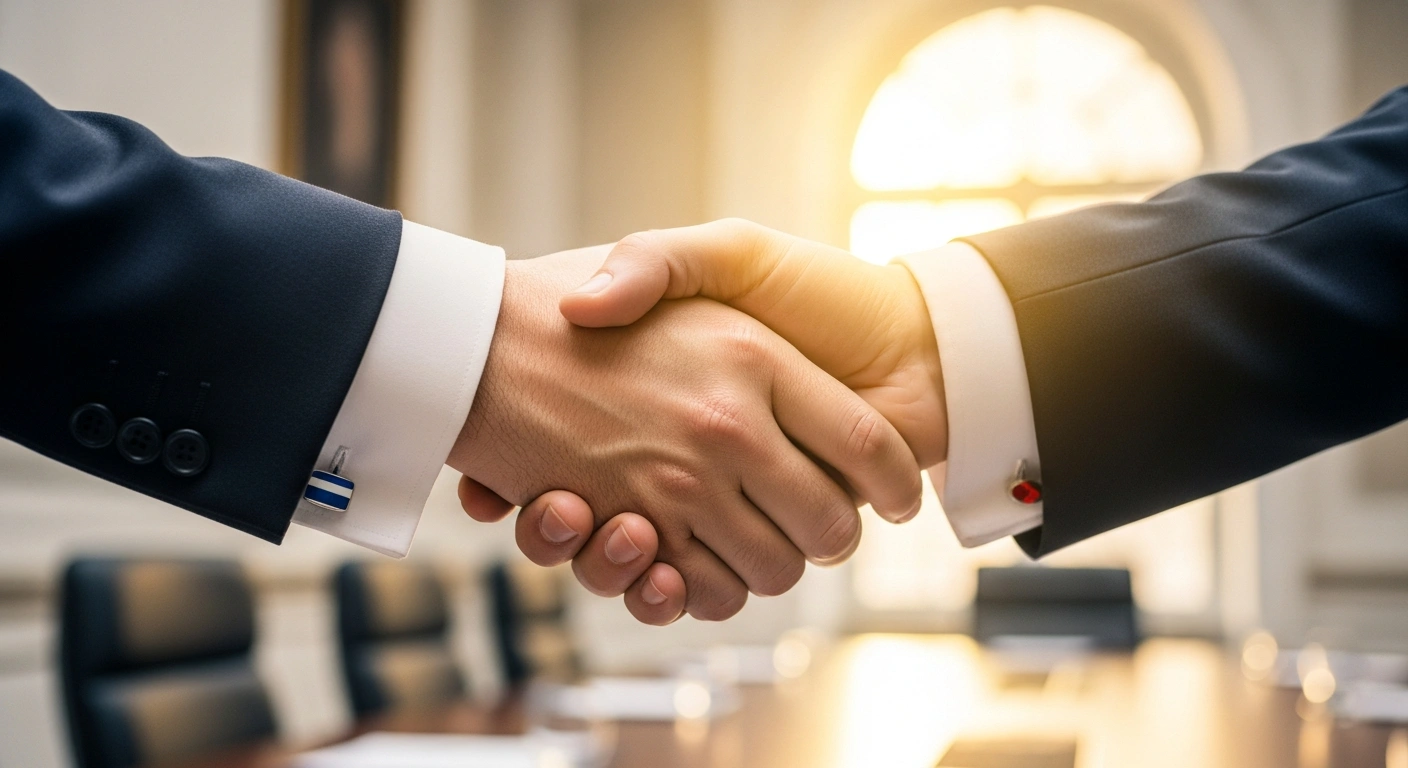 Two hands, one with a blue and white cufflink representing Argentina and the other with a red and white cufflink representing Poland, are clasped in a firm handshake in a modern conference room, symbolizing their formalized commitment to strengthen economic cooperation and trade ties through a memorandum of understanding.