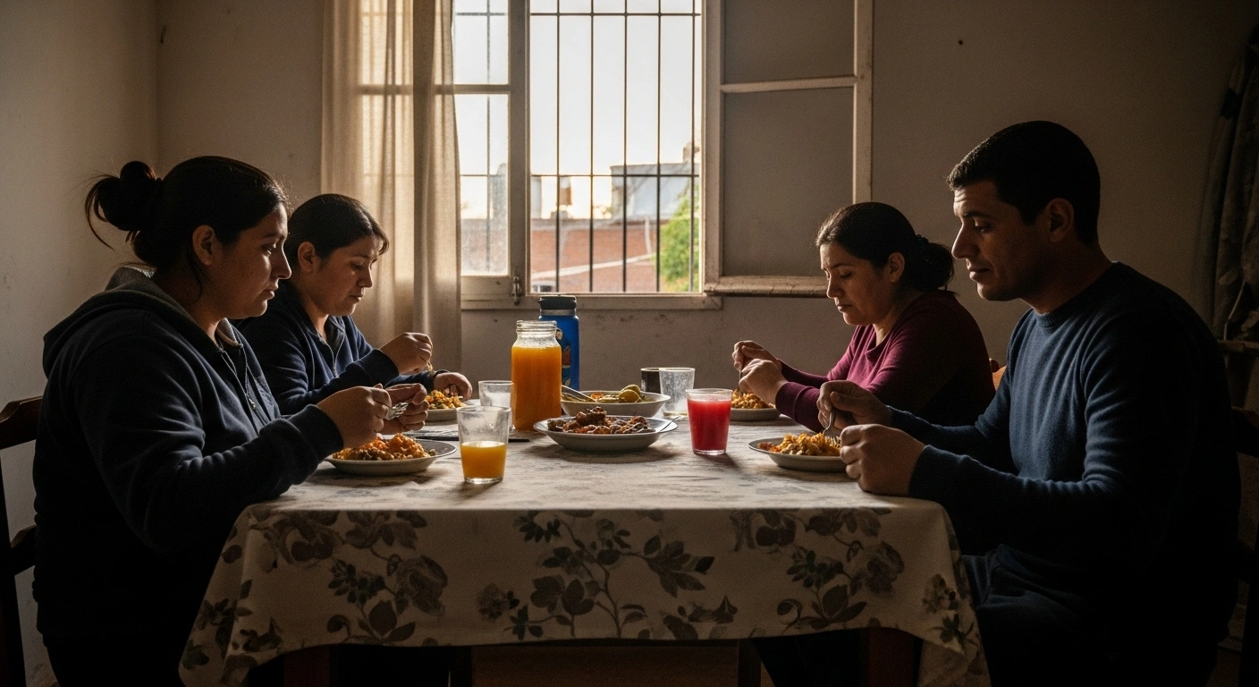 A young Argentine family, consisting of a mother, father, and child, shares a modest meal at a wooden table in their well-lit home, their faces reflecting a sense of relief and stability, symbolizing Argentina's dropping poverty rate, cooling inflation, and rising household incomes under the Milei administration.