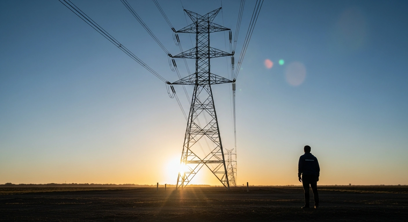 A wide, low-angle shot of a gleaming, modern power transmission tower under a vibrant sunrise over the Argentine pampas, with a silhouetted figure in the foreground looking towards the expansive grid, symbolizing Argentina's power market reforms and privatization efforts to attract investment and boost efficiency.