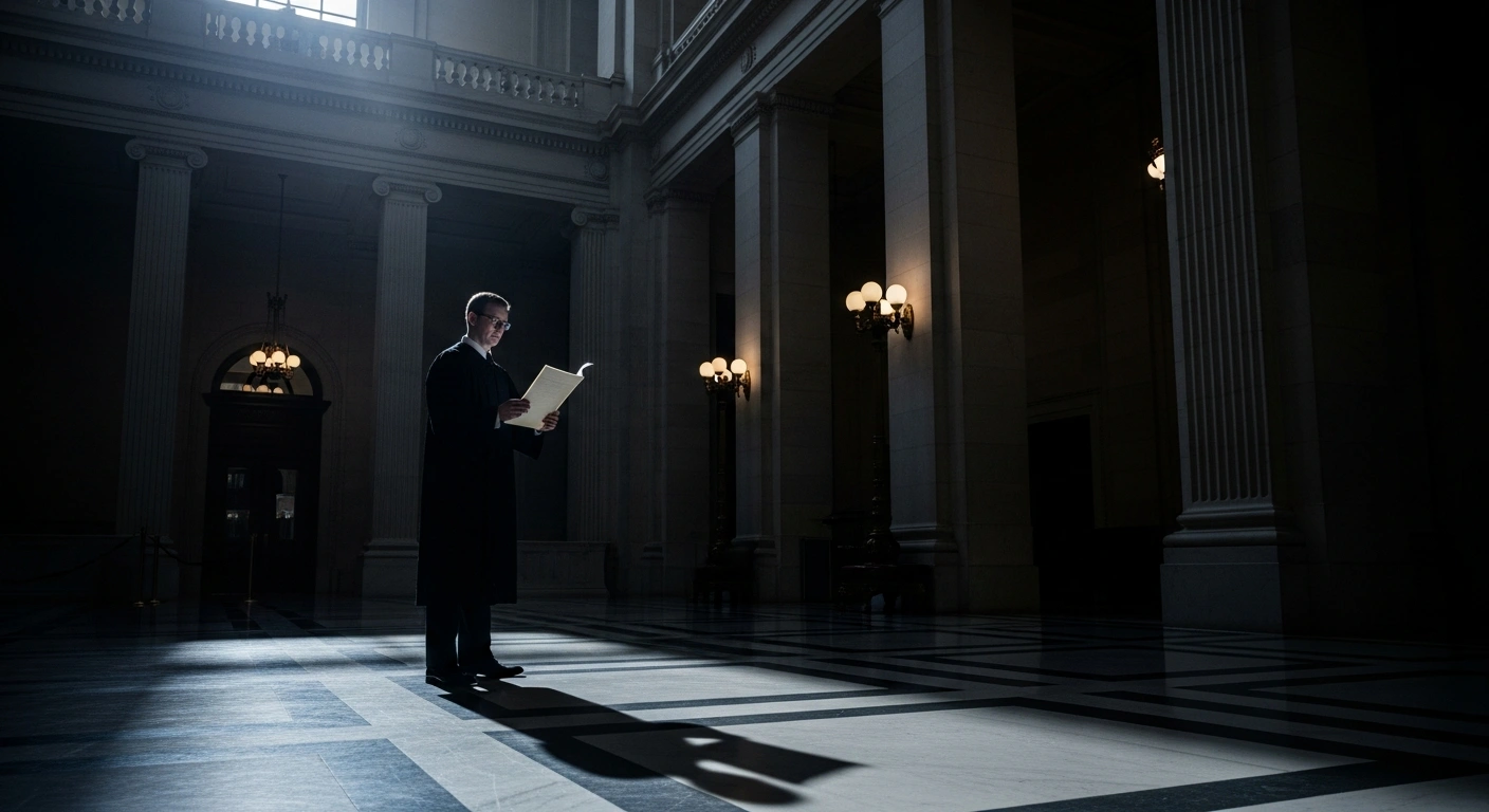 A dramatic, low-angle shot inside a grand, ornate government building, with early morning light casting long shadows on a determined figure holding a legal document, symbolizing Argentina's PRO party's judicial challenge to annul irregular appointments to the General Audit Office (AGN).