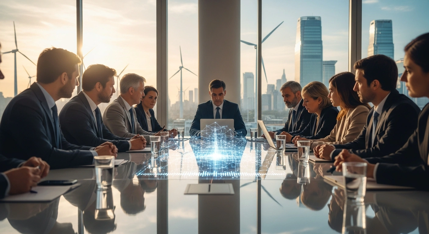A diverse group of executives and energy authorities are gathered around a modern boardroom table, illuminated by a holographic projection of an energy grid, debating Argentina's new power market for renewables and policy shifts, with a futuristic cityscape featuring wind turbines and solar arrays visible through the window.
