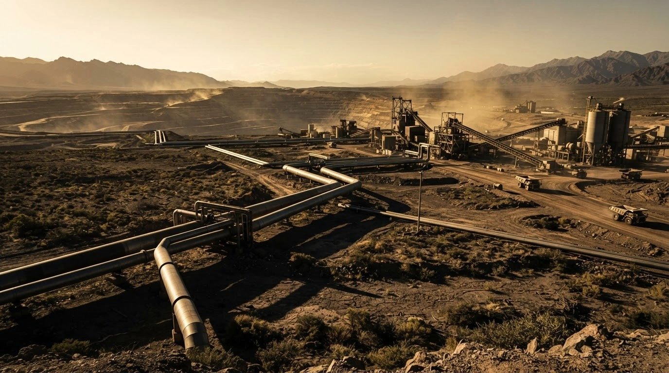 Large industrial mining equipment operates in a vast, arid landscape in Argentina, illustrating the focus of the RIGI investment regime on extractive industries.